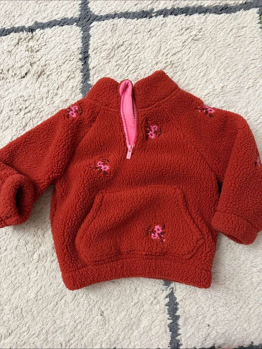 Old Navy 2T Cozy Red Sherpa Pullover with Pink Embroidered Flowers